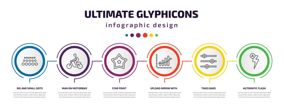 ultimate glyphicons infographic template with icons and 6 step or option. ultimate glyphicons icons such as big and small dots, man on motorbike, star point, upload arrow with bar, tings bars,