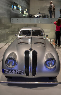 Silver BMW 328 Superleggera Coupe at the exhibition of the legendary models of cars and motorcycles in the BMW Museum in Munich, Germany