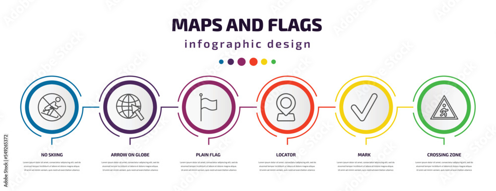 Poster maps and flags infographic template with icons and 6 step or option. maps and flags icons such as no