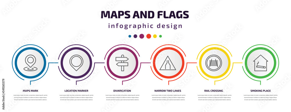 Poster maps and flags infographic template with icons and 6 step or option. maps and flags icons such as ma