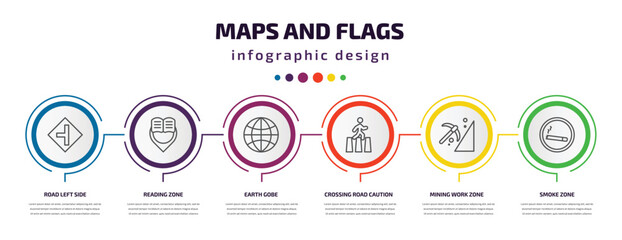 maps and flags infographic template with icons and 6 step or option. maps and flags icons such as road left side, reading zone, earth gobe, crossing road caution, mining work zone, smoke zone