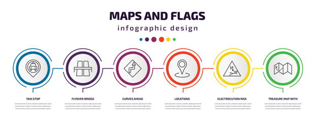 maps and flags infographic template with icons and 6 step or option. maps and flags icons such as taxi stop, flyover bridge, curves ahead, locations, electrocution risk, treasure map with x vector. © Farahim