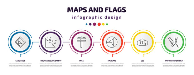 maps and flags infographic template with icons and 6 step or option. maps and flags icons such as land slide, rock landslide safety, pole, navigate, co2, women hairstylist vector. can be used for