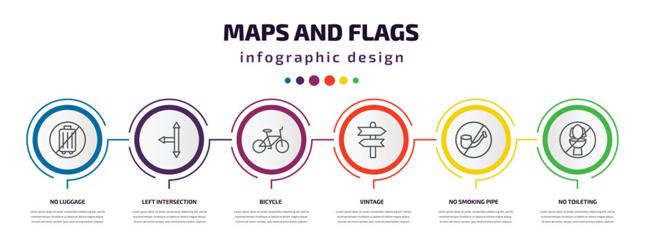 maps and flags infographic template with icons and 6 step or option. maps and flags icons such as no luggage, left intersection, bicycle, vintage, no smoking pipe, no toileting vector. can be used