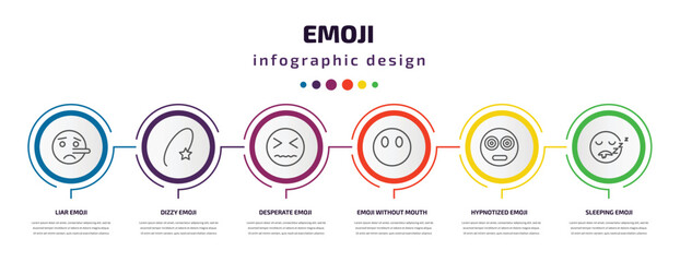 emoji infographic template with icons and 6 step or option. emoji icons such as liar emoji, dizzy desperate without mouth, hypnotized sleeping vector. can be used for banner, info graph, web,