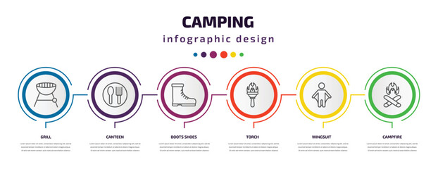 camping infographic template with icons and 6 step or option. camping icons such as grill, canteen, boots shoes, torch, wingsuit, campfire vector. can be used for banner, info graph, web,