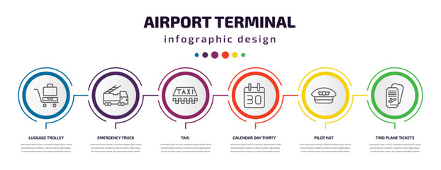 airport terminal infographic template with icons and 6 step or option. airport terminal icons such as luggage trolley, emergency truck, taxi, calendar day thirty, pilot hat, two plane tickets
