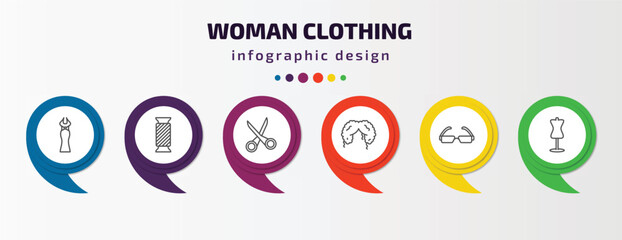 woman clothing infographic template with icons and 6 step or option. woman clothing icons such as long dress, thread spool, scissors inverted view, curling hair, rectangular eyeglasses, couture