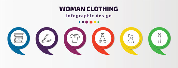 woman clothing infographic template with icons and 6 step or option. woman clothing icons such as eyes shades makeup, hair clip tool, polo shirt for women, vintage dress, female sexy dress, bottle