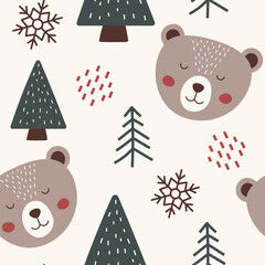 Christmas seamless pattern with bears. Winter pattern with bears, trees and snowflakes. Great for wrapping paper, greeting cards, invitations. Beautiful winter background