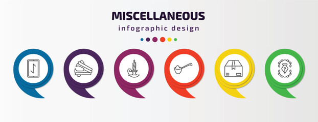 miscellaneous infographic template with icons and 6 step or option. miscellaneous icons such as rune, stapler remover, candlestick, measuring spoon, product, will vector. can be used for banner,