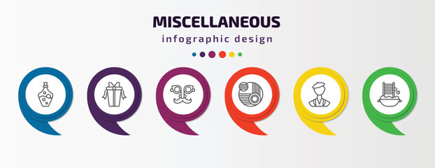 miscellaneous infographic template with icons and 6 step or option. miscellaneous icons such as alchemy, wrapped gift, fun glasses, abstract, swiss, washboard vector. can be used for banner, info