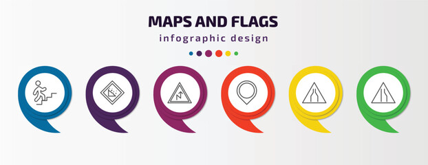 maps and flags infographic template with icons and 6 step or option. maps and flags icons such as walking up stair, land slide, right reverse curve, location marker, narrow two lanes, narrow right