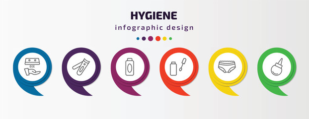 hygiene infographic template with icons and 6 step or option. hygiene icons such as hand dryer, nail clippers, hair tonic, dolled up, underwear, l aspirator vector. can be used for banner, info