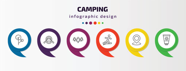 camping infographic template with icons and 6 step or option. camping icons such as tree, raft, pines, surfing, location, sun lotion vector. can be used for banner, info graph, web, presentations.
