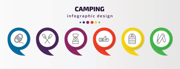 camping infographic template with icons and 6 step or option. camping icons such as rope, oar, toilet, log, sleeping bag, swiss knife vector. can be used for banner, info graph, web, presentations.