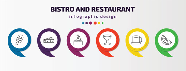 bistro and restaurant infographic template with icons and 6 step or option. bistro and restaurant icons such as ice pop, piece of cheese, cake piece with cream, wide glass, breakfast cup, half lemon