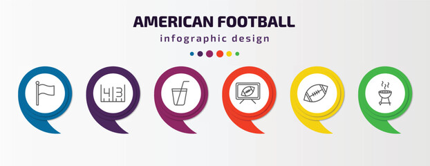 american football infographic template with icons and 6 step or option. american football icons such as flag, yard marking, soda drink, football tv program, american ball, with wheels vector. can be