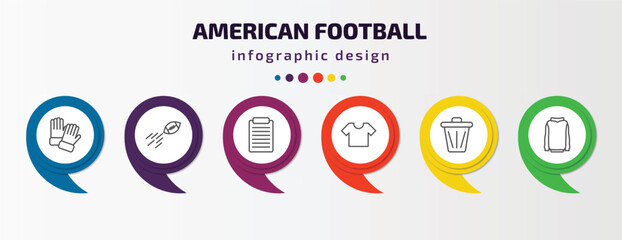 american football infographic template with icons and 6 step or option. american football icons such as glove, ball on flight, pad, black t shirt cloth, trash can, hoodie vector. can be used for