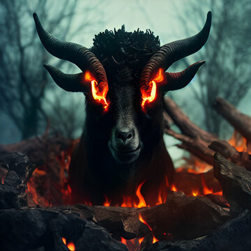 Demonic evil goat with glowing eyes