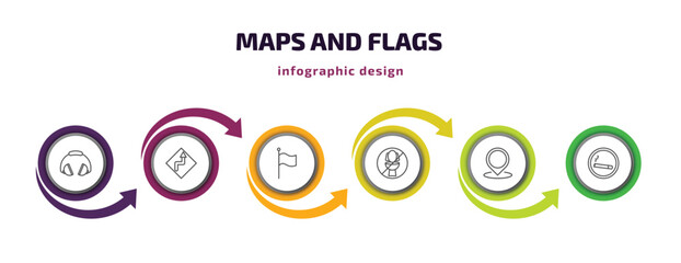 maps and flags infographic template with icons and 6 step or option. maps and flags icons such as ear protection, curves ahead, plain flag, no toileting, location mark, smoke zone vector. can be