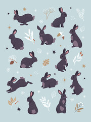 Black bunnies collection. Vector cartoon illustration of a group of black rabbits in various activities, surrounded by leaves and twigs. Isolated on light blue background