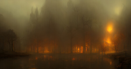 Fototapeta na wymiar Digital Illustration Glowing Fog Forest