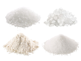 Salt, sugar and flour in piles isolated png - obrazy, fototapety, plakaty