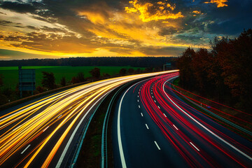 Langzeitbelichtung - Autobahn - Strasse - Traffic - Travel - Background - Line - Ecology - Highway - Night Traffic - Long Exposure - Cars Speeding - Lights - Sunset - High quality photo - obrazy, fototapety, plakaty