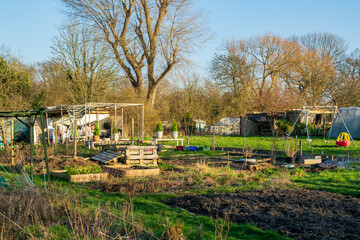 Empty garden allotment in winter for growing vegetables and food on smallholding