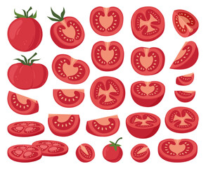 Cartoon chopped tomatoes, red vegetable slices. Tomato half, fresh red tomatoes slice, organic vegetables with yellow seeds flat vector illustration set. Chopped tomato collection