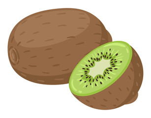 Cartoon kiwi fruit. Summer fresh green fruits, whole fruit and half flat vector illustration on white background