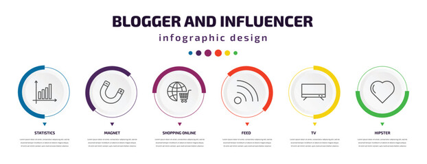 blogger and influencer infographic element with icons and 6 step or option. blogger and influencer icons such as statistics, magnet, shopping online, feed, tv, hipster vector. can be used for