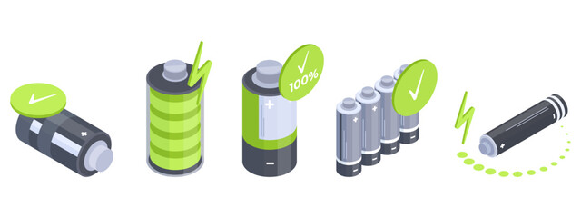 Isometric charged batteries. Metallic alkaline accumulators with green indicators, power electricity elements flat vector illustration on white background