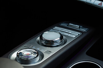 Drive selector button. Car interior, offroad drive controller closeup view. Wheel drive selection....