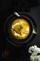 Cream or vegetable soup. Homemade, healthy, vegan and vegetarian food with dark background