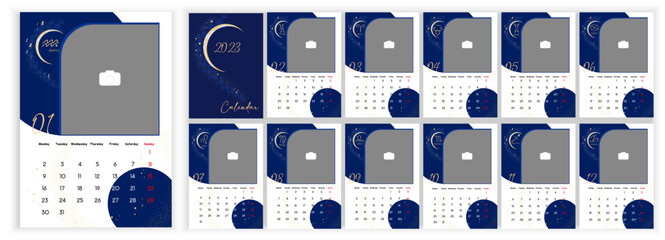 Astrology Wall Monthly Calendar 2023. Vertical photo calendar Layout for 2023 year in English with zodiac signs, star, moon on blue sky. Cover Calendar, 12 months templates. Monday week start. Vector 