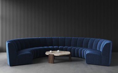 3d rendering of modern living room with round dark blue velvet sofa, decorative black wall with embossed wood panels, coffee table on concret floor. Frame mockup