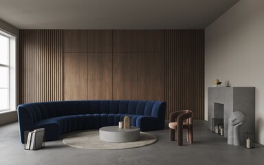 3d rendering of modern living room with round dark blue velvet sofa and brown chair, decorative wall with embossed wood panels, concrete fireplace with decor and sculpture on the floor