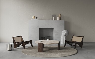 3d rendering of modern living room with concrete fireplace with decor, face sculpture and wicker wooden chairs on the concrete floor. Cozy place near the fireplace.  Round carpet and coffee table 