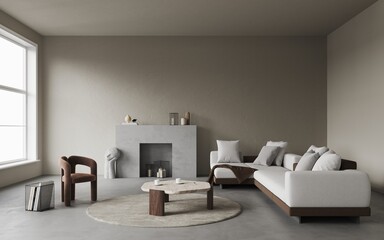 3d rendering of modern living room with grey sofa and velvet brown chair, coffee table, concrete fireplace with decor and sculpture on the floor, carpet on concret floor.