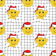Seamless distorted melting yellow smiley face in claus hat pattern for christmas wallpaper or wrapping paper. Geometric christmas background. Vector