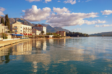Beautiful Mediterranean landscape. Montenegro. View of Bay of Kotor and Tivat city on sunny November day