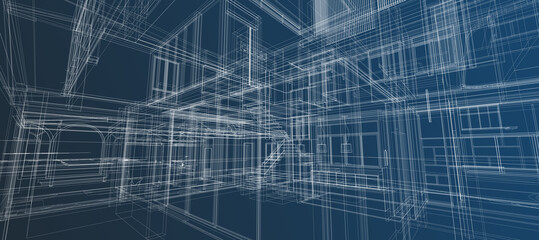 Smart house building automation system digital intelligent technology abstract background architecture 3d wireframe blue background