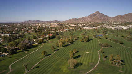 A aerial view of a golf corse in Arizona during the winter.