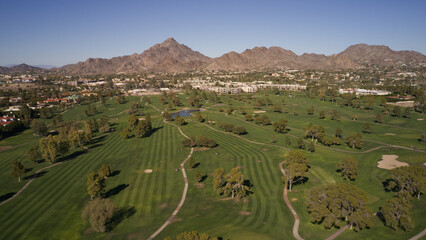 A aerial view of a golf corse in Arizona during the winter.