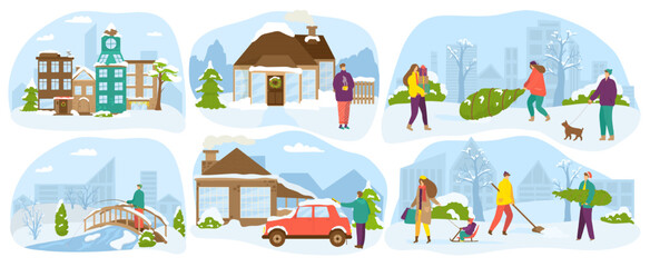 People lifestyle in winter set of vector illustrations. Family with kids happy in snow season, fun and activity, winter life in country house.