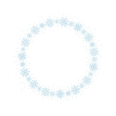 Winter round frame, wreath of cartoon flying snowflakes on a white background. Vector hand drawing.