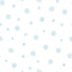 Winter abstract background. Cartoon flying snowflakes on a white background. Seamless vector pattern.
