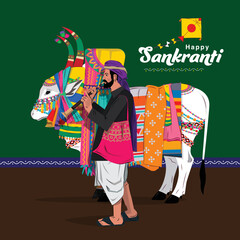happy sankranti vector illustration. A Gangireddu, a decorated ox (also known as basava) with its master gangireddollu - obrazy, fototapety, plakaty